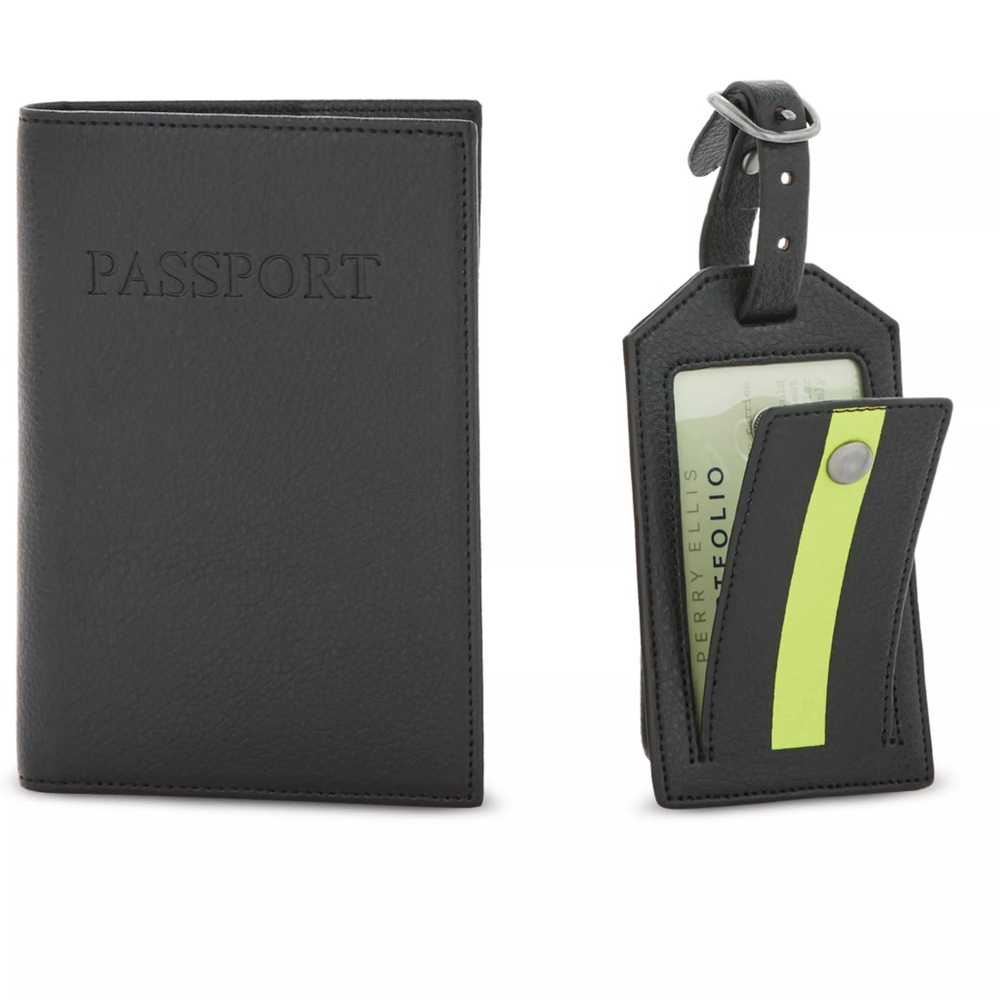 Perry Ellis Portfolio Passport Holder and Striped Luggage Tag Gift Set